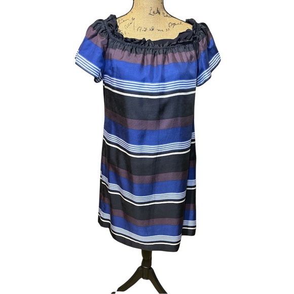 Banana Republic Silk Striped Off Shoulder A Line Dress Midi Knee Length Casual - Picture 3 of 11